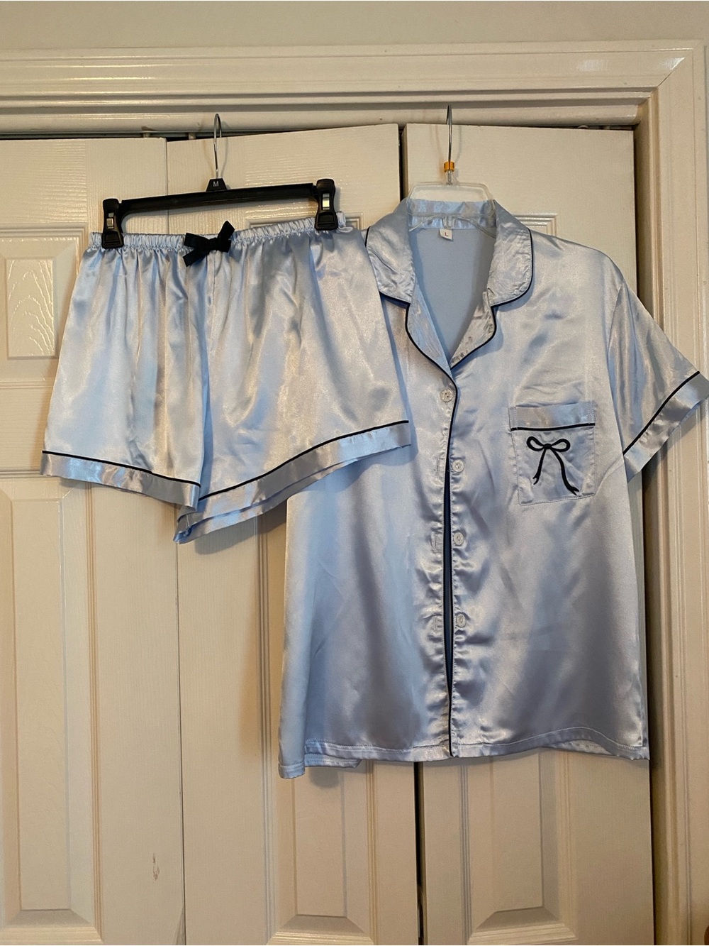 Satin Short Sleeve Pajama Set with Contrast Trim - Light Blue